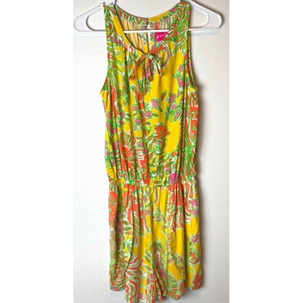 Lilly Pulitzer Romper Womens XS Yellow Pink Green Floral Sleeveless Tie Neck